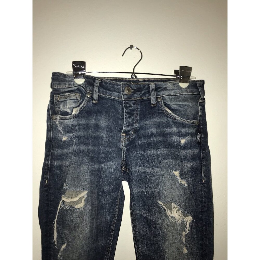 Silver Jean Women 26x27 Kennie Button Fly Distressed Stretch Fabric Straight Cut - Picture 3 of 11